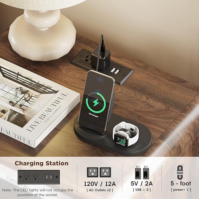 Nightstand with Charging Station and LED Lights, Night Stands with Adjustable Storage Cabinet, Modern Side Table with Fluted Doors and Open Storage, Bedside Table for Bedroom, Walnut