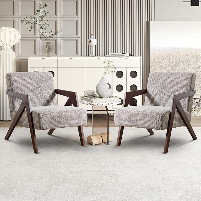 INZOY Accent Chairs Set of 2, Mid Century Modern Accent Chair with Wood Frame, Upholstered Reading Armchair with Soft Linen Fabric, Accent Chair for Living Room Bedroom Apartment, Easy Assembly, Grey