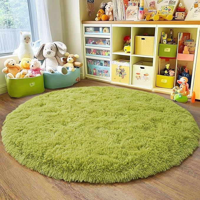 4'x4' Grass Green Round Rug for Bedroom, Ultra Soft Fluffy Circle Rug for Kids Girls Boys Room, Cute Shag Rugs for Living Room Playroom Tent Castle Home Decor Rug