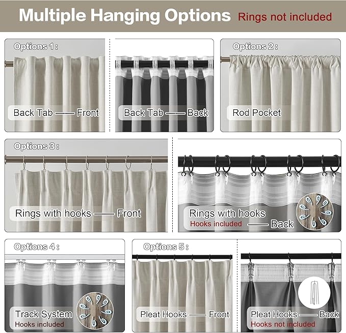 144 Inch Blackout Curtains 2 Panels Linen Textured 2 Story Extra Long Noise Reducing Curtains for Large Window Back Tab Pleated Look Rod Pocket with Hooks 50W x 144L,12 Ft Length Natural Birch/Ivory