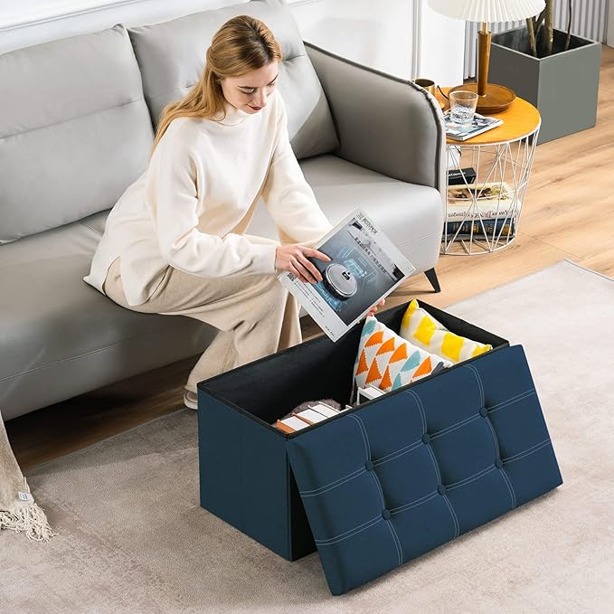 YOUDENOVA 30 Inches Folding Ottoman with Storage, Footrest Seat Support 350lbs, Bench for Living Room Bedroom, Linen Fabric Blue