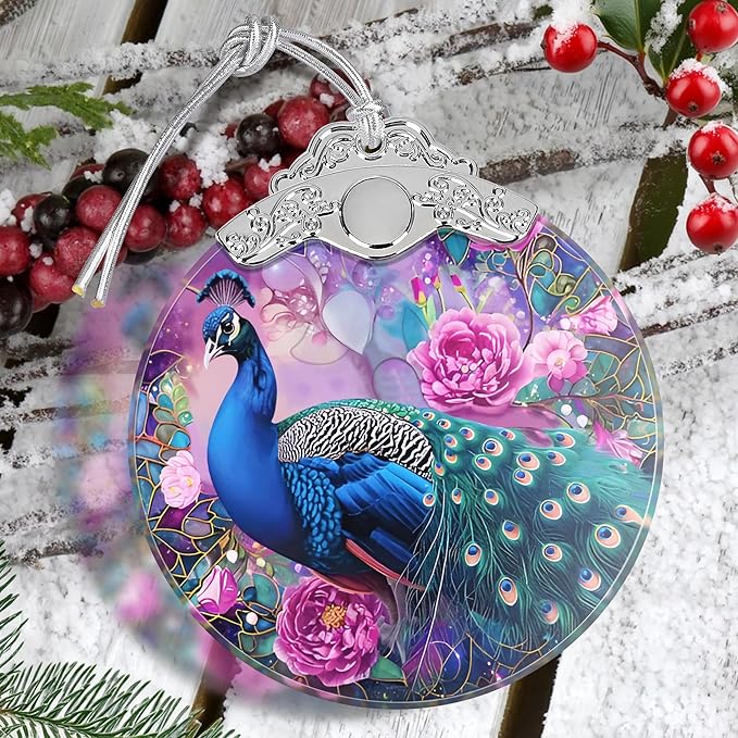 Peacock Stained Glass Hanging Ornament - Christmas Tree Decoration, Holiday Ornament, Home Decor Gift Idea