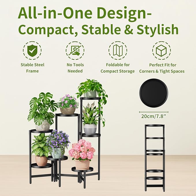 8 Tiered Plant Stand Indoor for Multiple Large Planter, Tall Heavy Duty Adjustable Folding Rack with Rustproof 10 Inch Wide Tray, Plant Shelf for Corner Living Room - BlackDisk