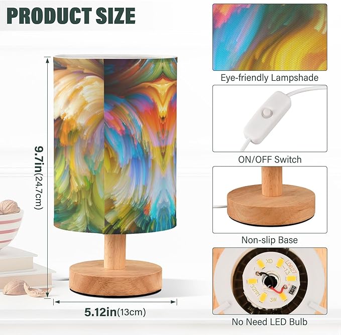Table Lamp Colorful Dog Paint Portrait Nightstand Lamp with Wood Base Fabric Lamp Shade Bedside Desk Lamp for Living Room Bedroom Kids Room Office