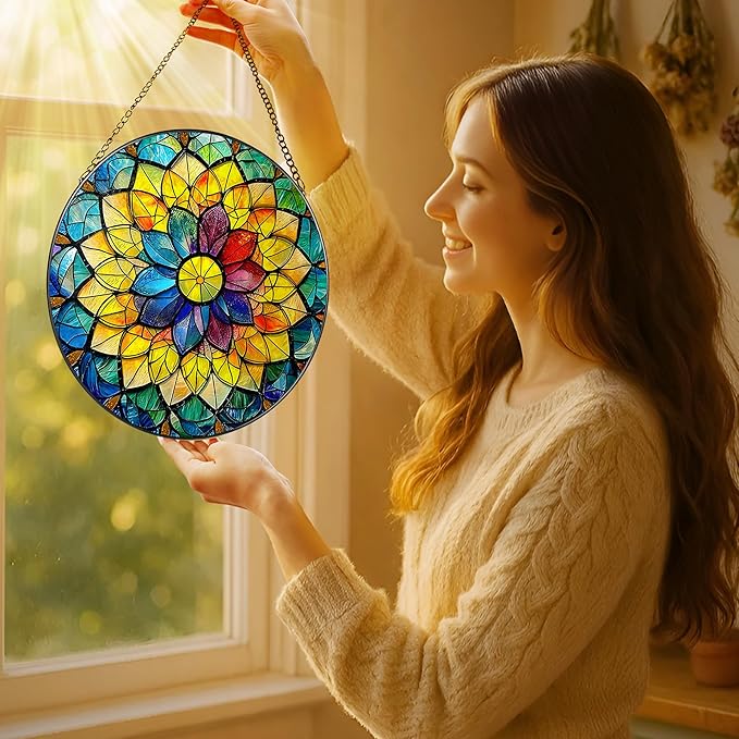 8'' Rainbow Mandala Sun Catcher Ornament, Stained Glass Window Hanging, Sun Catchers for Windows Hanging Ornaments, Window Decor, Ideal Gift | Colorful Spiritual Gifts for Her