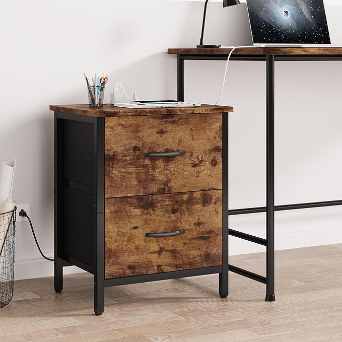 Vagusicc Nightstand with Charging Station, Bedside Table with USB Ports and Outlet, End Table Side Table with 2 Fabric Drawers for Bedroom, Living Room, Rustic Brown