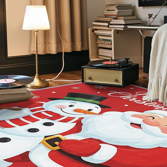 Merry Christmas Rug Red - 3x5 Rug, Santa Claus Door Mat Indoor Entrance, Merry Christmas Entryway Throw Rugs, Snowman Carpet, Xmas Holiday Home Decor & Gifts