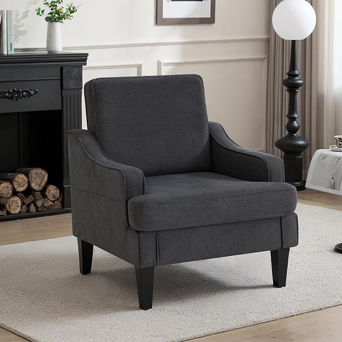 Accent Chair for Living Room,Mid-Century Arm Chair Fabric Living Room Chairs,Upholstered Reading Chair for Bedroom,Single Sofa Chair with Wood Legs for Apartment,Dark Grey