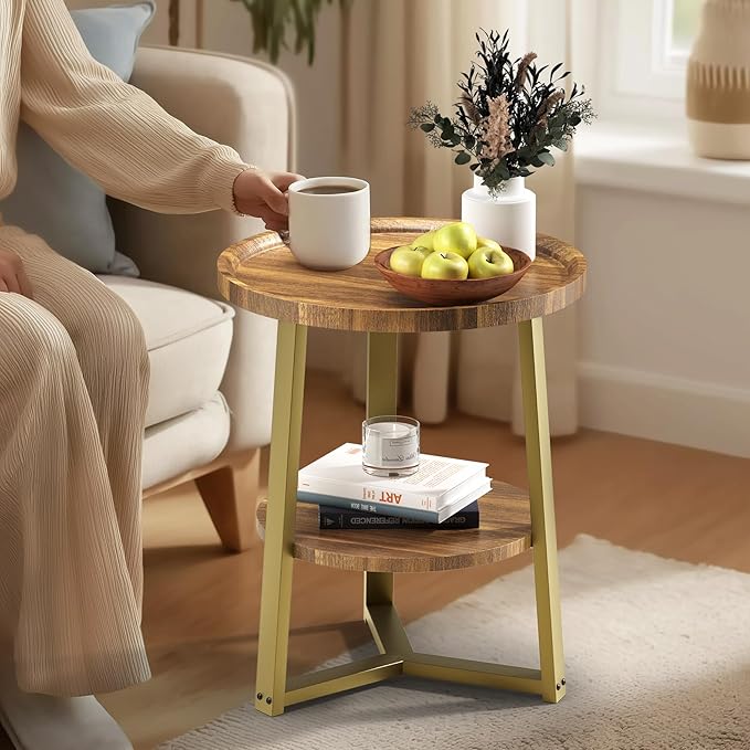 PPAMAPIC Round End Table, 2 Tier Side Table with Storage Shelf, Nightstand Accent Table for Living Room Bedroom Small Space, Golden Metal Frame, 19.7" D x 23.6" H, Rustic Brown