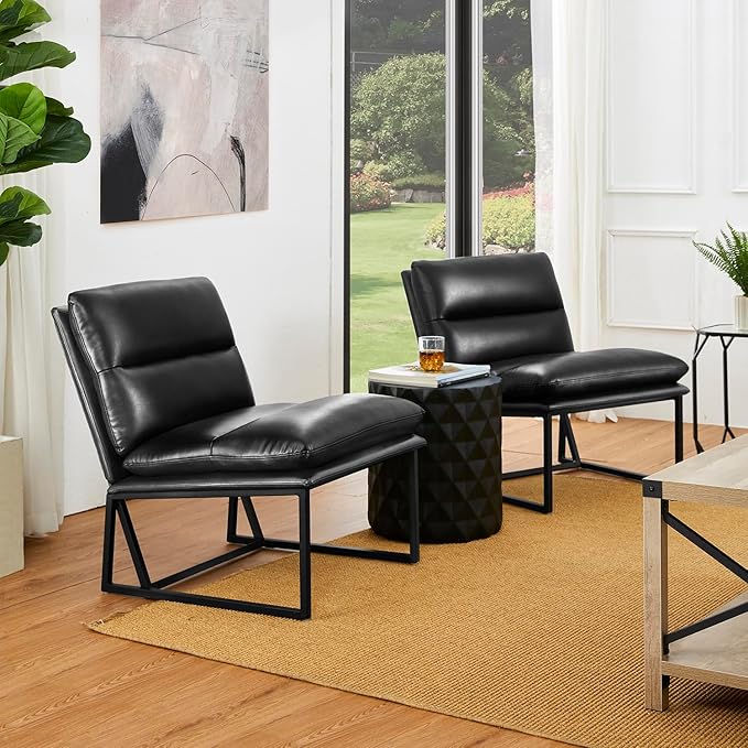 Glitzhome Mid Century Modern Accent Chairs Set of 2, Living Room Chairs with Metal Frame, Thick Leatherette Leisure Chairs Upholstered Chairs for Home Office -Black
