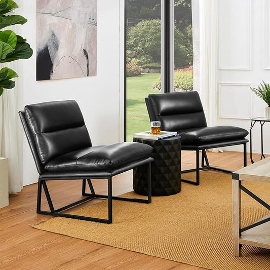 Glitzhome Mid Century Modern Accent Chairs Set of 2, Living Room Chairs with Metal Frame, Thick Leatherette Leisure Chairs Upholstered Chairs for Home Office -Black
