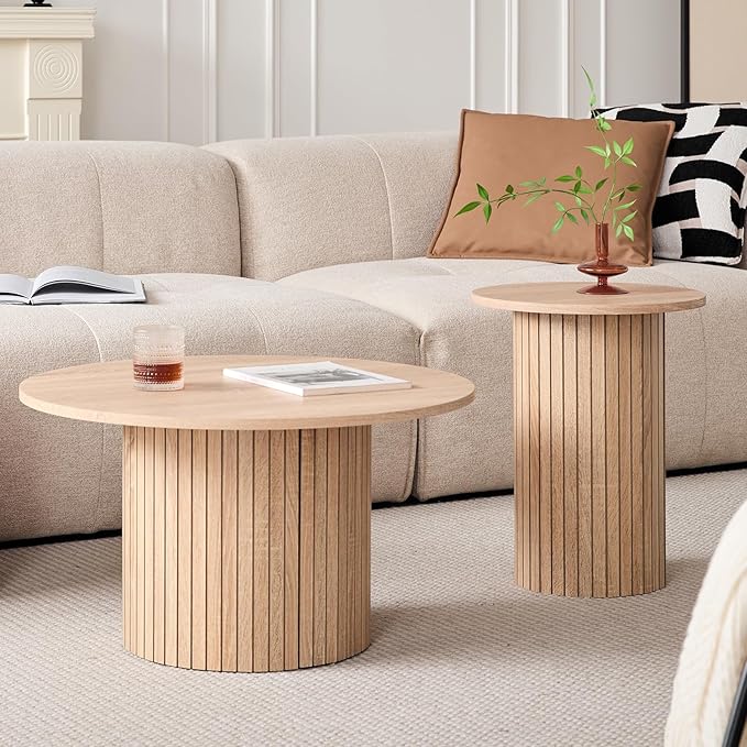 Round Nesting Coffee Tables Set of 2 -φ27.6 Large Short + φ15.8 Small Tall Boho Circle Side Tables with Fluted Drum Design, Natural