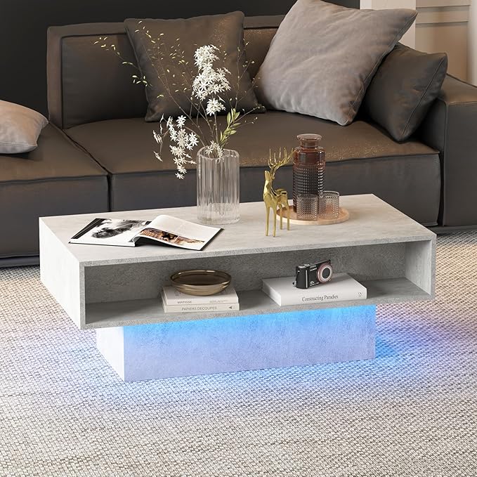 Grey Coffee Table with Storage, Rectangular Center Table for Living Room, Modern High Glossy Farmhouse Grey Coffee Table with 16 Colors LED Lights, Wooden Living Room Table, Pullout Storage