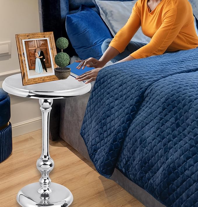 Alpha Living Home Round End Table, Modern Metal Alloy Accent Table for Living Room, Bedroom Nightstand, Small Side Table, Compact Space-Saving Furniture, Tool-Free Assembly 22" (Silver)