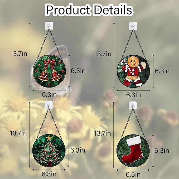 Stained Glass Window Hanging 4 Pcs Set Red Christmas Stockings and Gingerbread 6.3" - Suncatcher Door Garden Sun Catcher Decor Birthday Mother's Day Xmas Gifts for Mom Woman Nana Men