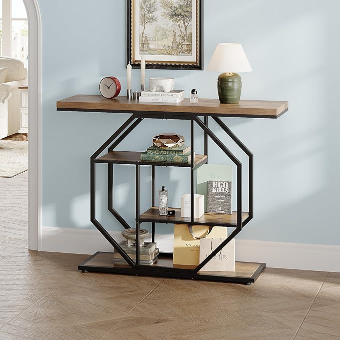 GiftGo 41.3" Narrow Console Table Entryway Industrial 4-Tier Sofa Table Behind Couch with Octago Base Wood Accent Tables with Storage Shelves for Living Room, Hallway, Foyer (Brown)