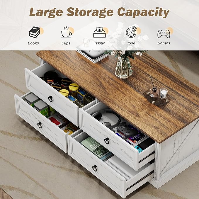 Farmhouse Coffee Table with Drawers 47 in Living Room Tables with Storage, Wooden Rustic Center Table for Reading Playing Room Home Accent Table for Dining Room Apartment, Antique White Walnut