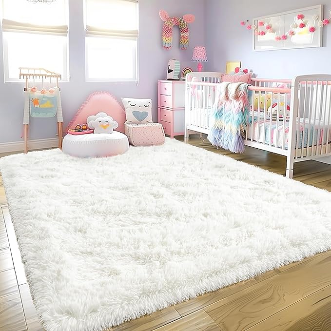 Super Fluffy Rug for Bedroom, 4x6 Shag Fuzzy Area Rug for Living Room Bedroom, Plush Soft Carpet for Girls Boys Kids, Non Slip Throw Rugs for Dorm, Modern Home Decor Aesthetic, Cream White