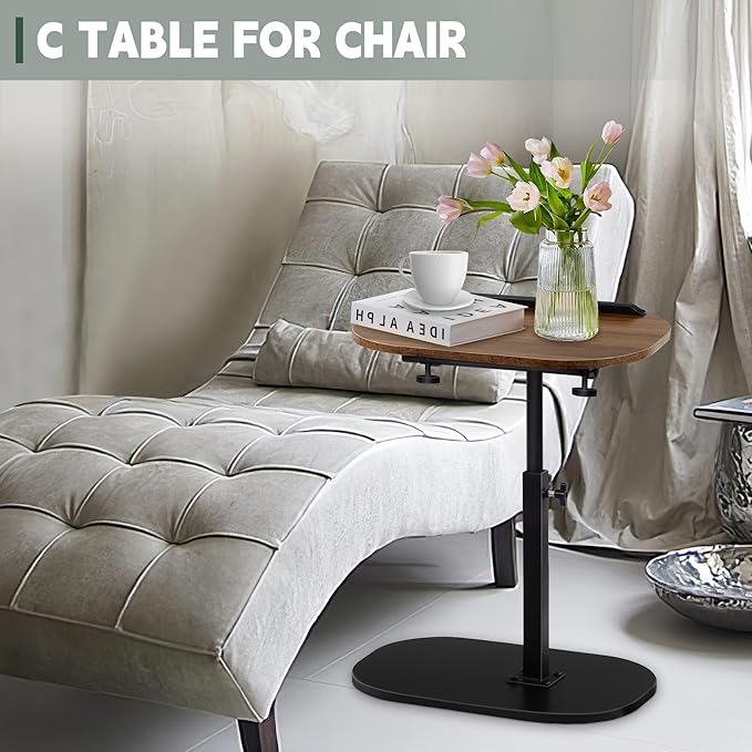 Aoligrace Walnut Couch Side Table, Adjustable Height C Table 360° Swivel, Flip Top Small End Tables for Small Spaces Living Room(17.7x11.8 in)