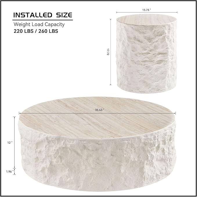 Nesting Coffee Table Set of 2, Modern Round Faux Marble Circle Accent Coffee Tables for Small Spaces Living Room Bedroom Balcony Office Drum Side Table