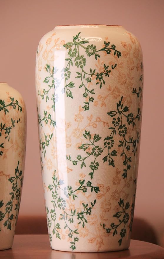 11.5" Hand-Painted Ceramic Large Vase – Green Botanicals & Yellow Florals, Crackle Glaze & Antique Patina Rim, Chinese-Inspired Artistry