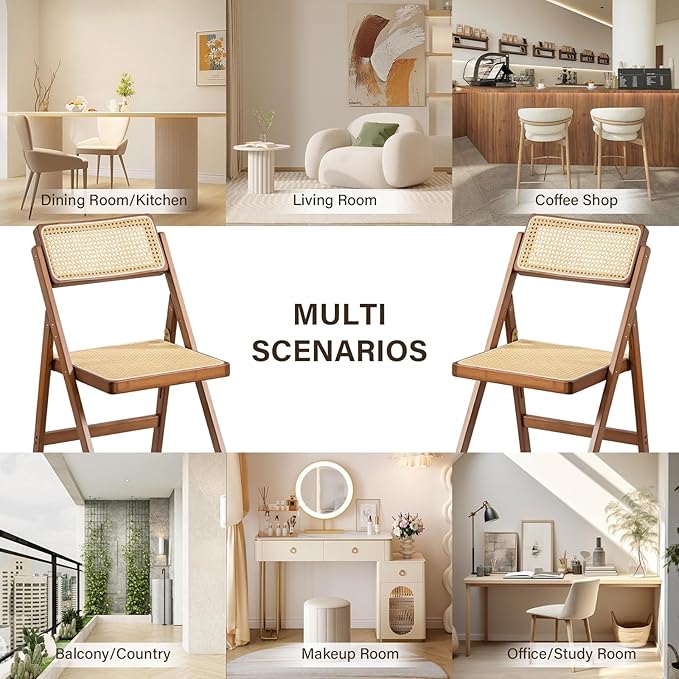 Rattan Folding Chair, Modern Mid Century Dining Chairs Set of 1, Comfy Outdoor Bamboo Chairs for Bedroom Living Room Reading Room Dining Kitchen, Walnut