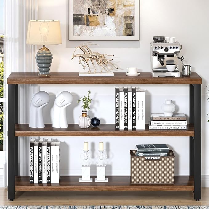 EXCEFUR 47" Entryway Table, Industrial Console Table for Living Room & Hallway, 3-Tier Storage Sofa Table Behind Couch, Walnut