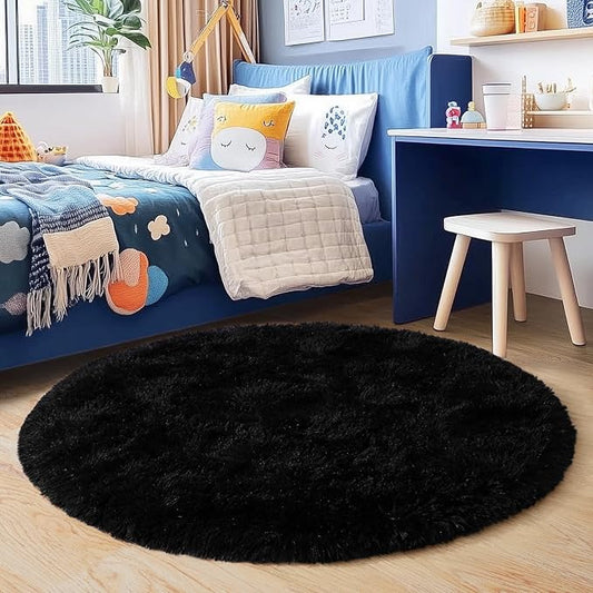 3'x3' Black Round Rug for Bedroom, Ultra Soft Fluffy Circle Rug for Kids Girls Boys Room, Cute Small Shag Rugs for Living Room Playroom Teen Room Home Decor Rug