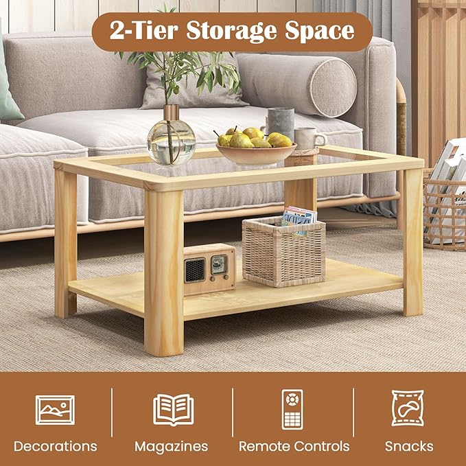 Tangkula 2-Tier Coffee Table, Rectangular Center Table with Tempered Glass Tabletop & Storage Shelf, Farmhouse Wooden Accent Table with Rounded Corners for Living Room (Natural)
