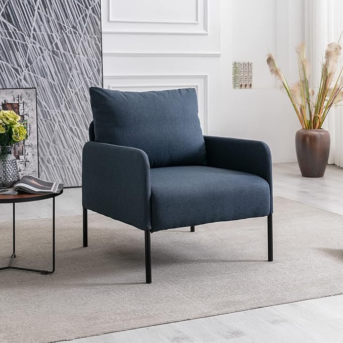 Linen Fabric Living Room Accent Chairs Bedroom Single Sofa Chair, Upholstered Reading Arm Chair Modern Couch w/Comfy Pillow for Waiting Room/Apartment/Dorm, Blue
