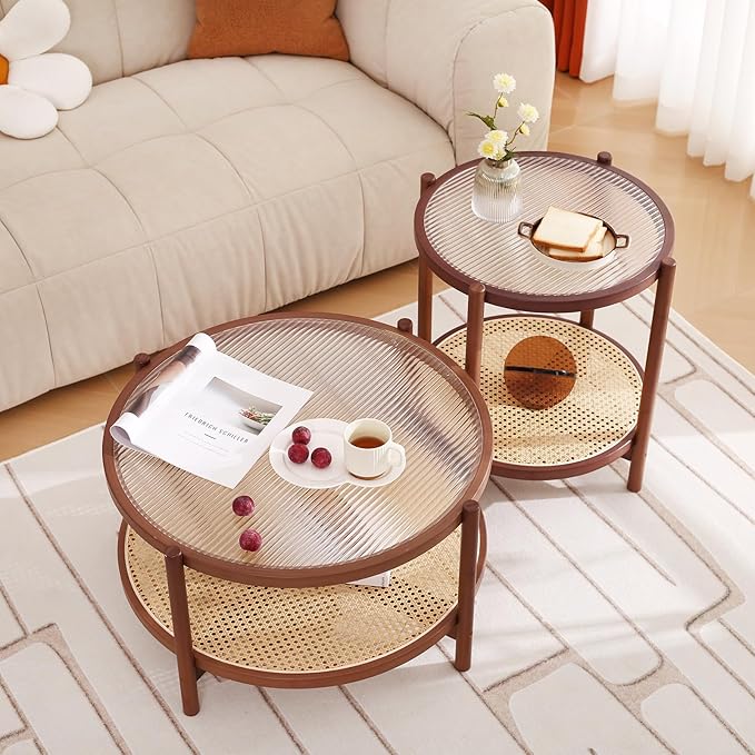 Tiita Rattan Nightstand Side Table, Bamboo Accent Bedside Tables, Glass Coffee Tables, Boho Wooden End Table with Storage for Small Space, Living Room and Bedroom