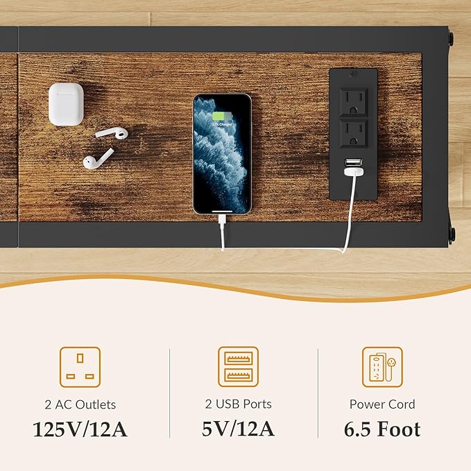 41.8" Console Table, Narrow Behind The Couch Table with Outlet, Industrial Skinny Stand for Hallway, Entryway, Living Room, Bedroom, 6.5 Feet Power Cord,Rustic Brown