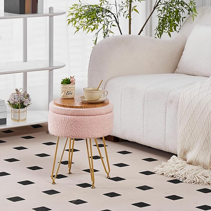 Wimarsbon Storage Ottoman,Teddy Velvet Vanity Stool,Soft Padded Seat,Round Footrest with Removable Cover and Adjustable Legs,Modern Decorative Accent Footstool or End Table for Hallway (Pink)