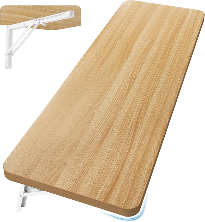 Wall Mounted Folding Table 47.2”L x 19.7”W, Laundry Folding Table with Heavy Duty Metal Collapsible Shelf Brackets, Wall Mounted Desk Fold Down for Small Spaces, Wood Color