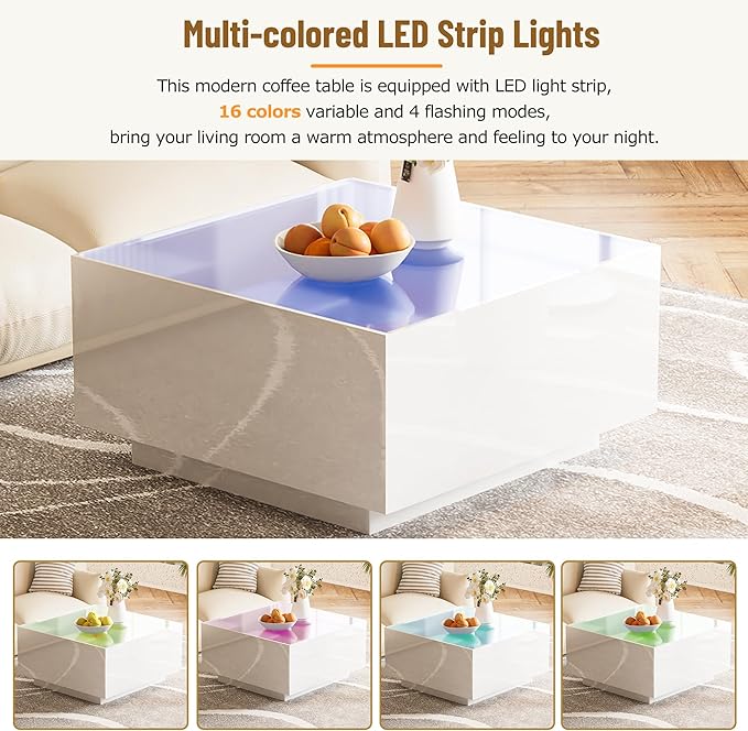 Modern White LED Coffee Table with 5mm Frosted Tempered Glass Top, High Gloss Finish, 16-Color App-Controlled Lights, Sturdy MDF Base, Easy Assembly, 27.56"x27.56"x13.78"