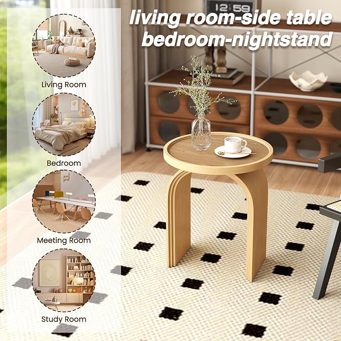 VESCASA 17.75" W Round Sofa Side Table, Modern Nightstand with Arched Wooden Legs, Small Accent End Table for Living Room, Bedroom, Natural Wood