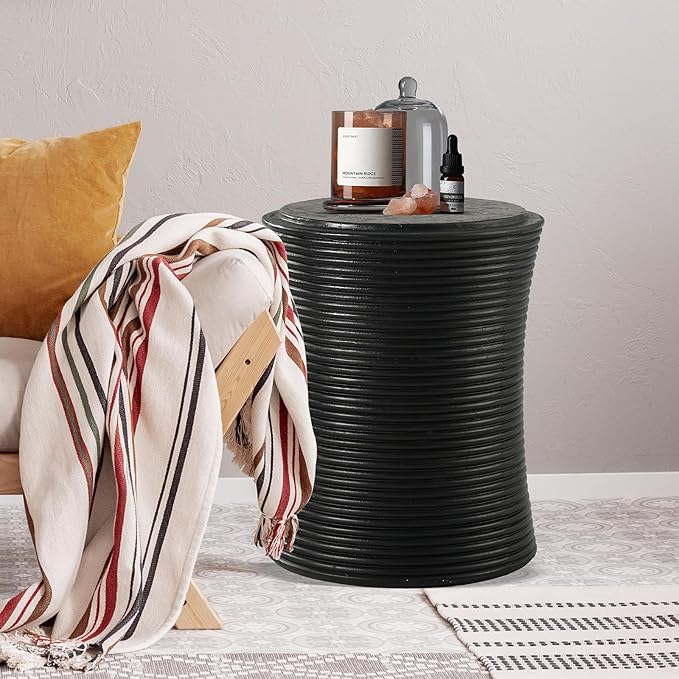 HOMPUS Concrete Outdoor Side Table w Cylindrical Thread Round Coffee Table, Home Decor Plant Stand Outdoor Accent Table Patio Drum End Table for Living Room, Bedroom or Balcony, Black