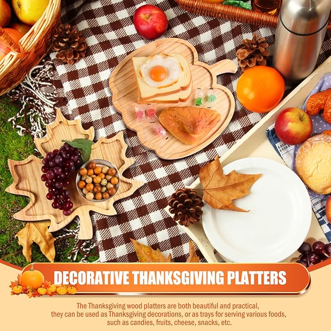 FOBSME 2 Pcs Thanksgiving Wooden Serving Platters Pumpkin and Maple Leaf Charcuterie Boards Fall Wood Serving Trays Decorative Wood Snack Dish Plates for Autumn Harvest Holiday Housewarming Presents