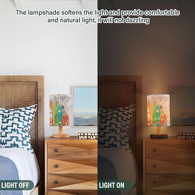 Table Lamp Colorful Surfboard Palm Tree Vintage White Wooden Summer Surfing Nightstand Lamp with Wood Base Fabric Lamp Shade Bedside Desk Lamp for Living Room Bedroom Kids Room Office