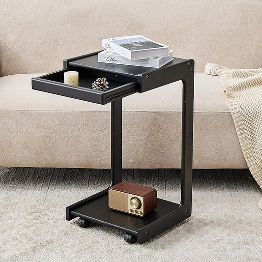 Wood Side Table for Couch - C Shaped Rolling End Table with Wheels, Wooden Modern Small Tv Tray Bedside Tables with Drawer for Sofa Armchair Living Room Bedroom, Black, 13 in x 14.4 in x 26 in