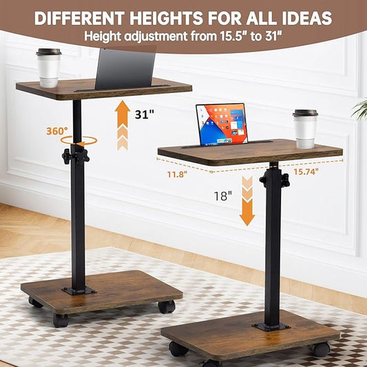 Aoligrace C Table End Table Adjustable Height, 360°Swivel TV Tray Table with Wheels, Small Side Table for Couch C Shaped End Table for Living Room Bedroom Small Spaces (Rustic Brown)