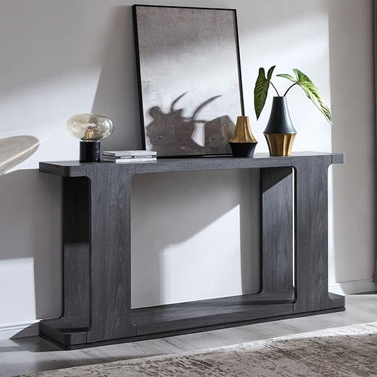 OKD 63 Inch Modern Entryway Console Table, 2-Tier Long Sofa Table Behind Couch with Curved Edge, Wood Farmhouse Narrow Entry Table for Hallway, Living Room, Foyer, Entrance, Dark Alder