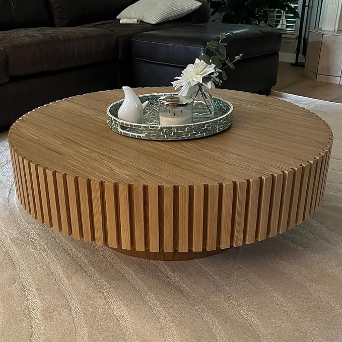 31.49''Round Coffee Table for Living Room, Modern Wood Nesting Coffee Table Handcraft Circle Fluted Drum Coffee Table, Easy Assembly,Oak