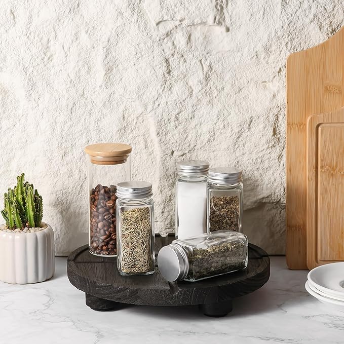 10'' Round Wooden Tray Pedestal Stand, Farmhouse Bathroom Decor Riser for Soap Dispenser, Perfume, Candle, 10'', Matte Black