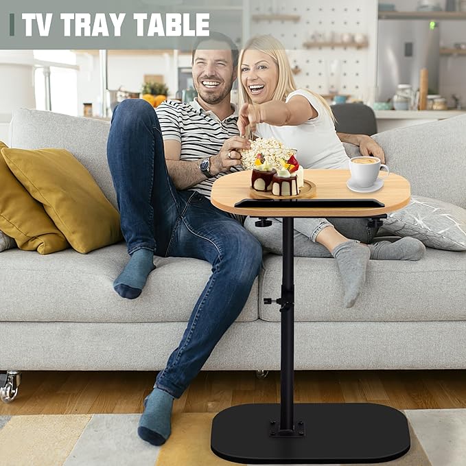 Aoligrace Adjustable Height C Shaped End Table, Small Side Table for Small Spaces Living Room Couch Sofa, 360° Swivel & Flip Top TV Tray Table(Wood)