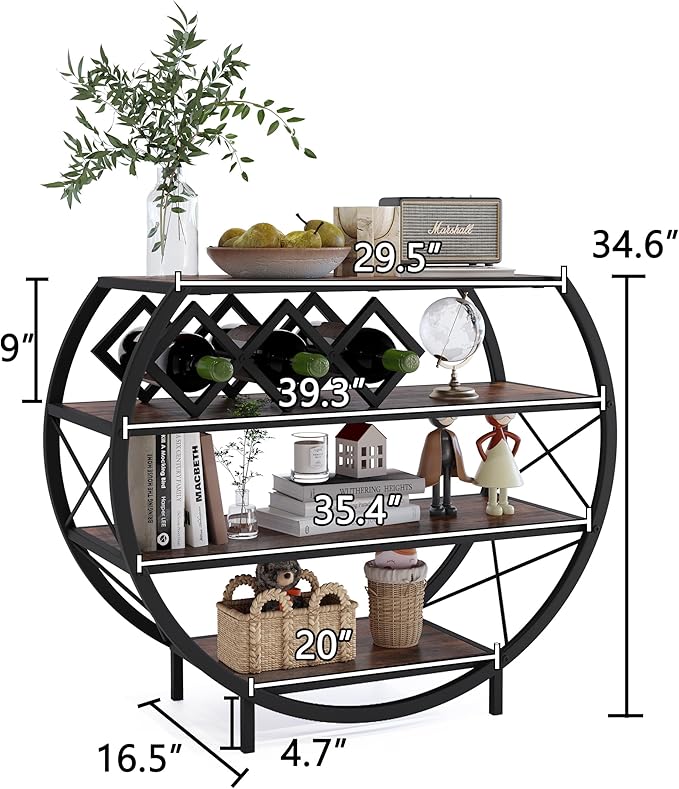 Demilune Console Table Industrial Entryway Table with 4-Tier Open Storage Shelf Wood and Metal Christmas Sofa Table with Wine Rack for Living Room Hallway Display Vintage Rustic Brown