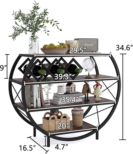 Demilune Console Table Industrial Entryway Table with 4-Tier Open Storage Shelf Wood and Metal Christmas Sofa Table with Wine Rack for Living Room Hallway Display Vintage Rustic Brown
