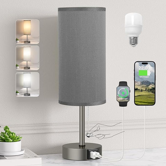 Grey Bedside Lamp for Bedroom Nightstand - Small Table Lamp with USB A + C Charging Port, 3 Color Temperatures Pull Chain Night Stand Light, Side Table Desk Reading Lamp for Living Room/Study Room