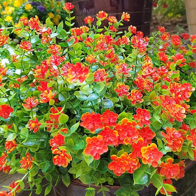 12 Bundles Artificial Flowers for Outdoors, UV Resistant Fake Flowers with Plastic Plants, Faux Flowers for Outside Window Box Front Porch Hanging Planter Decor(Orange Red)
