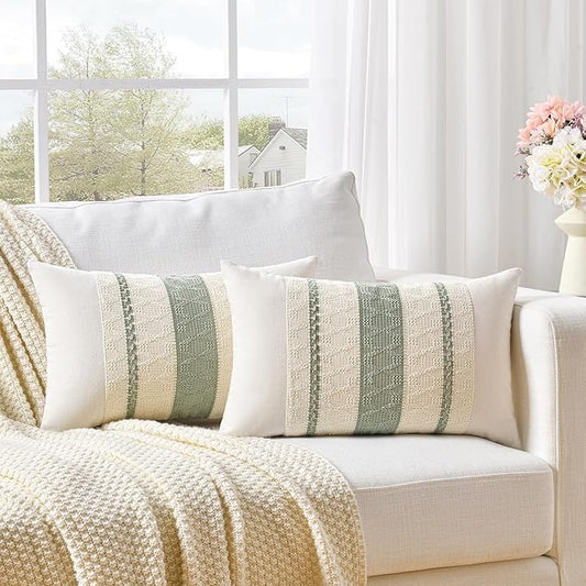 Fancy Homi Set of 2 Sage Green Boho Lumbar Decorative Throw Pillow Covers 14x24 Inch for Living Room Bedroom Couch Bed Sofa, Rustic Retro Cushion Case, Bohemian Room Home Decor